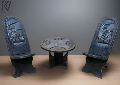 Pair of Antique Carved African Chairs With Table